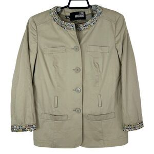 Love Moschino Jacket Womens 8 Beaded Buttons‎ Collarless Pockets Khaki Italy